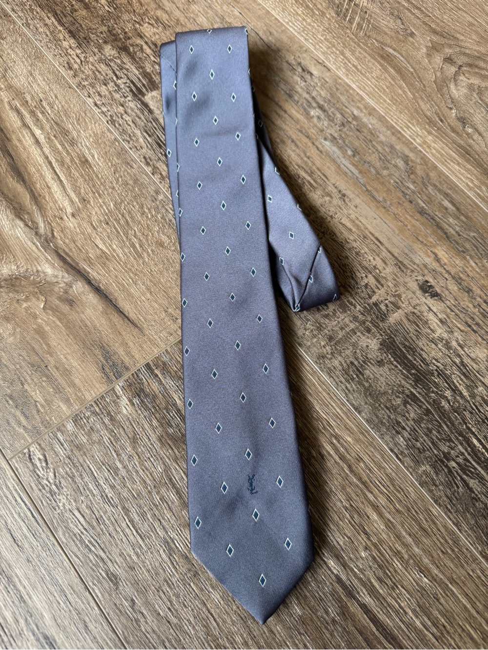 YSL - Yves Saint Laurent Gray Silk Tie with Diamond Motif